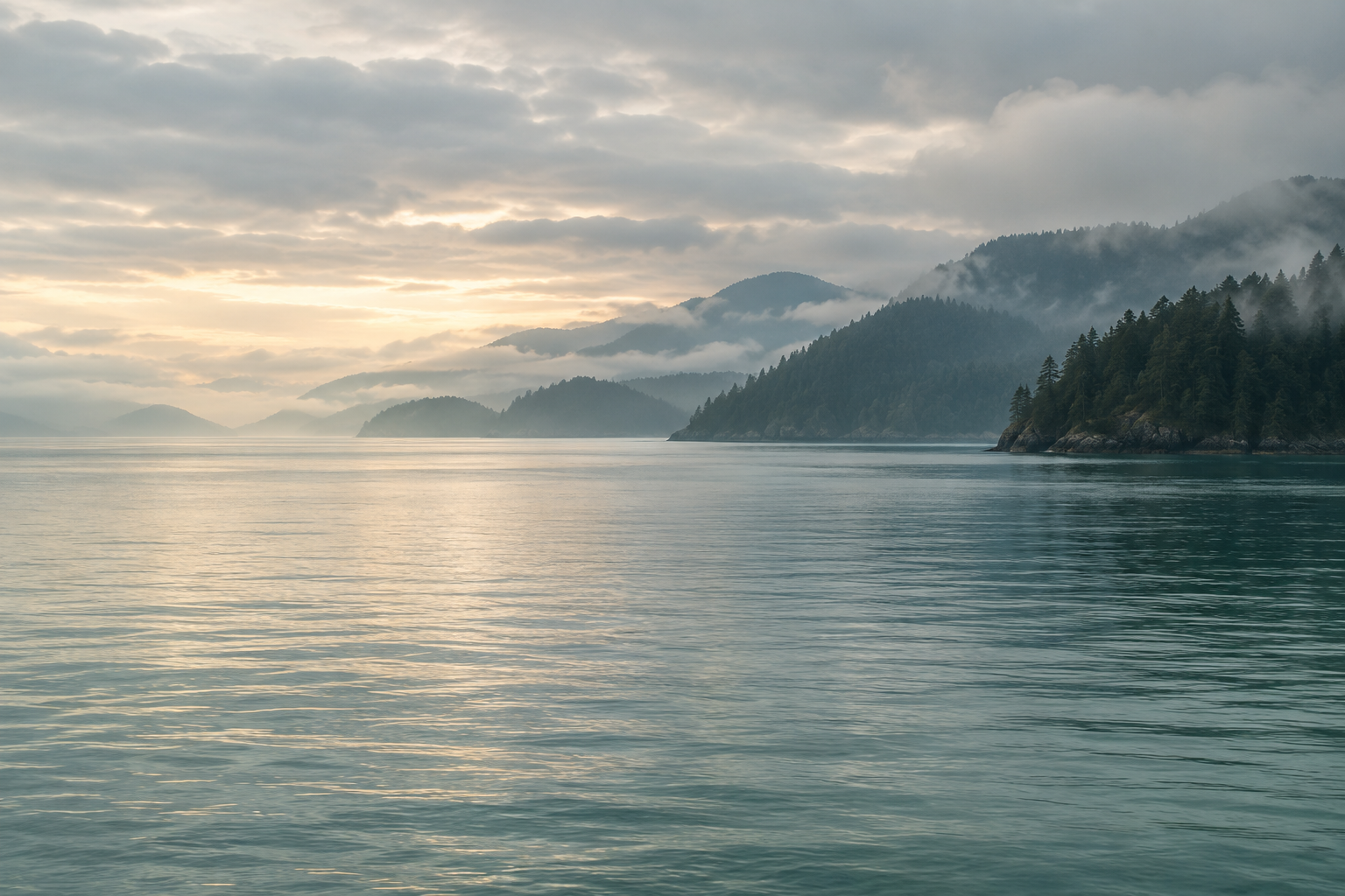 Calm coastal water and evergreen headlands fading into morning mist.